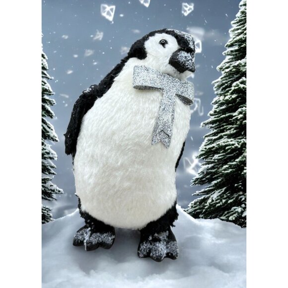 Glittery Penguin Christmas Figurine Silver Bow Tie - Picture 1 of 8